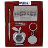 OkaeYa Silver Plated Pen And Visiting Card Holder And Apple Shape Clock And Key Ring (Silver, Pack of 4)